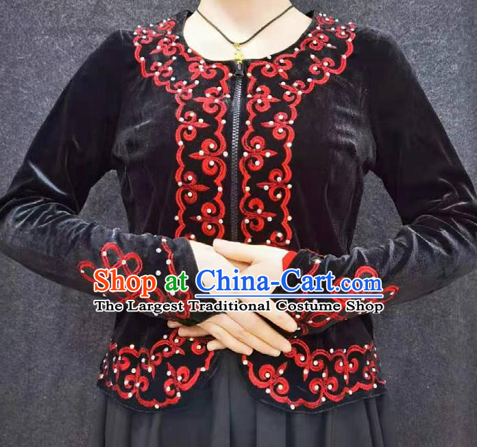 China Ethnic Woman Clothing Xinjiang Performance Black Velvet Blouse Traditional Uygur Nationality Dance Shirt