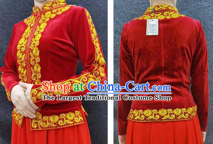 China Xinjiang Performance Red Velvet Blouse Traditional Uygur Nationality Dance Shirt Ethnic Woman Clothing
