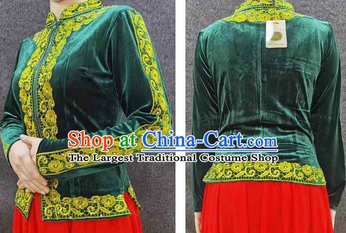 China Traditional Uygur Nationality Shirt Ethnic Folk Dance Clothing Xinjiang Woman Green Velvet Blouse