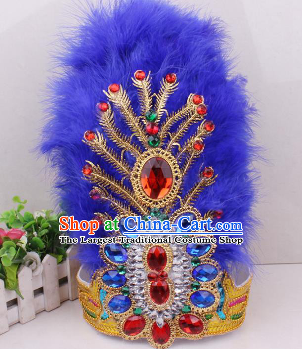 Chinese Xinjiang Ethnic Folk Dance Hair Accessories Traditional Uygur Nationality Royalblue Feather Hat