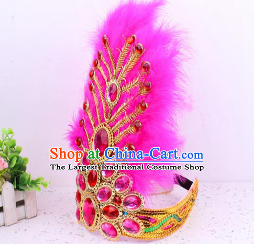 Chinese Ethnic Folk Dance Hair Clasp Uygur Nationality Rosy Feather Hat Traditional Xinjiang Dance Headwear