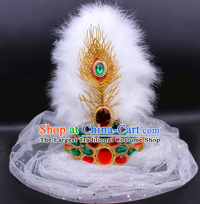 Chinese Uygur Nationality Feather Hat Traditional Xinjiang Dance Headwear Ethnic Folk Dance White Veil Hair Clasp