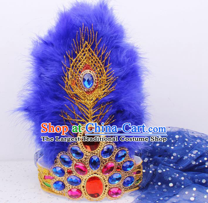 Chinese Traditional Xinjiang Dance Headwear Ethnic Folk Dance Royalblue Veil Hair Clasp Uygur Nationality Feather Hat