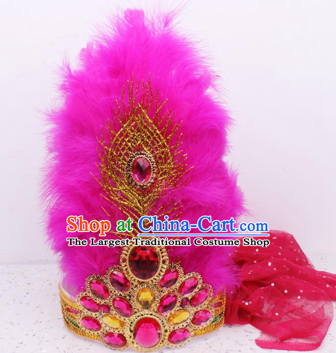 Chinese Uygur Nationality Feather Hat Traditional Xinjiang Dance Headdress Ethnic Folk Dance Purple Veil Hair Clasp