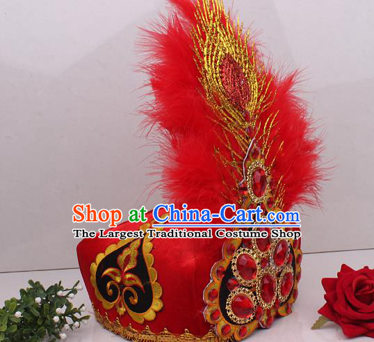 Chinese Uygur Nationality Folk Dance Red Feather Hat Traditional Xinjiang Ethnic Folk Dance Headdress