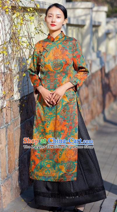 Chinese Traditional Dragon Pattern Silk Qipao Dress Costume National Young Lady Stage Show Cheongsam