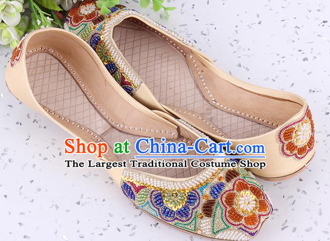 Indian Handmade Embroidery Beads Shoes Asian Traditional Wedding Apricot Leather Shoes Folk Dance Shoes