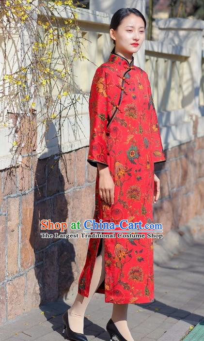 Chinese Traditional Printing Flowers Red Qipao Dress Costume National Young Lady Cheongsam