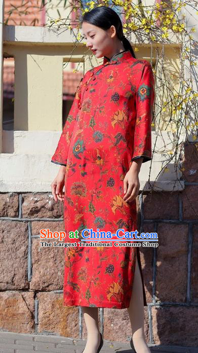 Chinese Traditional Printing Flowers Red Qipao Dress Costume National Young Lady Cheongsam