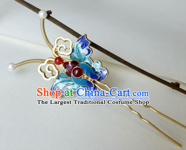 China Ancient Princess Hairpin Traditional Qing Dynasty Court Blueing Butterfly Hair Stick