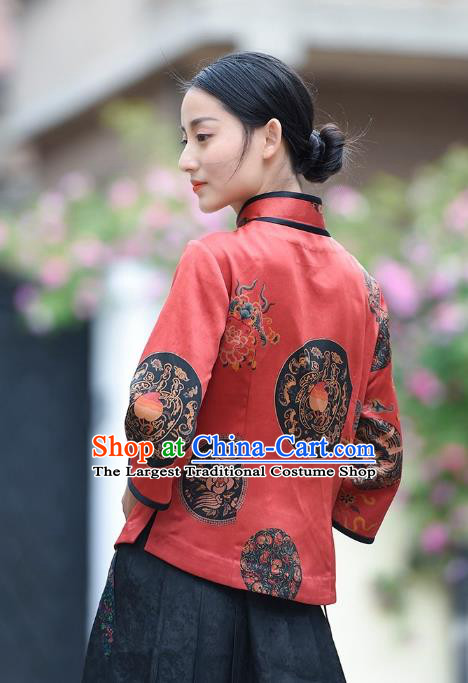 Chinese Traditional Qing Dynasty Red Silk Shirt Clothing Tang Suit Blouse National Woman Upper Outer Garment
