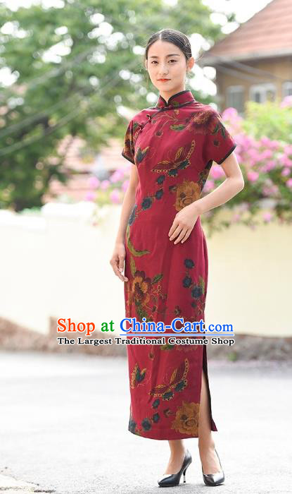 Chinese Traditional Minguo Silk Qipao Dress Costume National Young Lady Wine Red Cheongsam