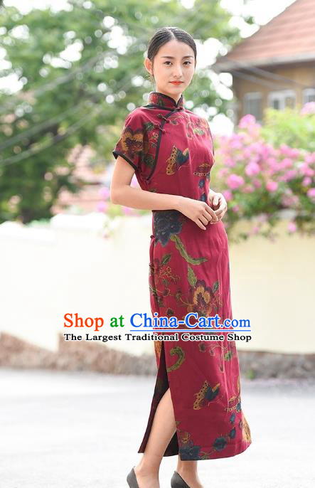 Chinese Traditional Minguo Silk Qipao Dress Costume National Young Lady Wine Red Cheongsam