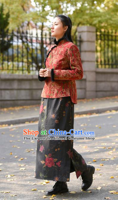 China National Woman Printing Rose Skirt Traditional Tang Suit Black Silk Bust Skirt Costume