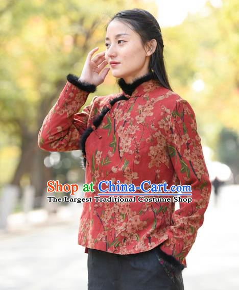 China National Woman Outer Garment Clothing Tang Suit Red Overcoat Traditional Cotton Wadded Jacket