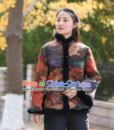 China Tang Suit Printing Overcoat Traditional Cotton Wadded Jacket National Woman Outer Garment Clothing