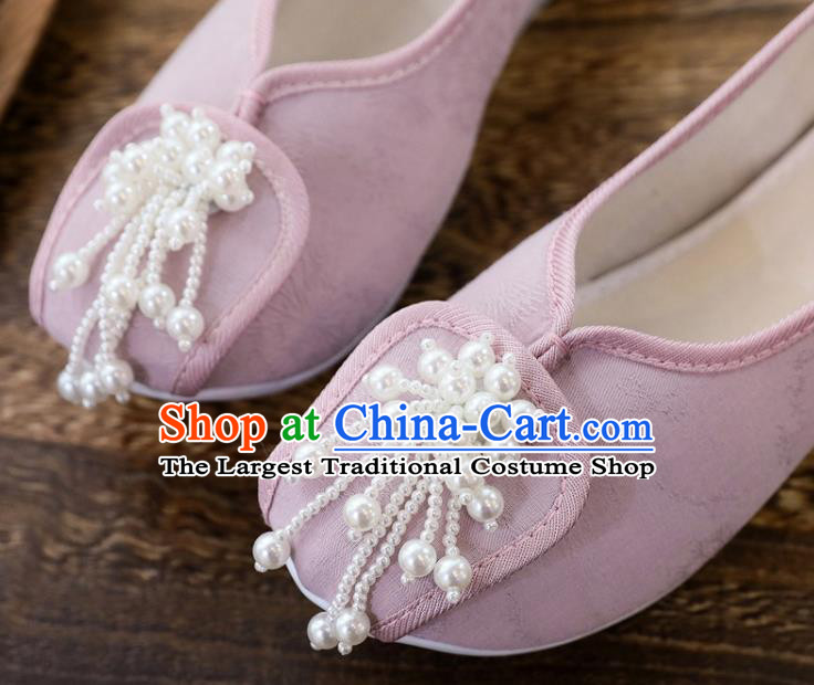 China National Pearls Tassel Shoes Traditional Jacquard Pink Cloth Shoes Handmade Folk Dance Shoes