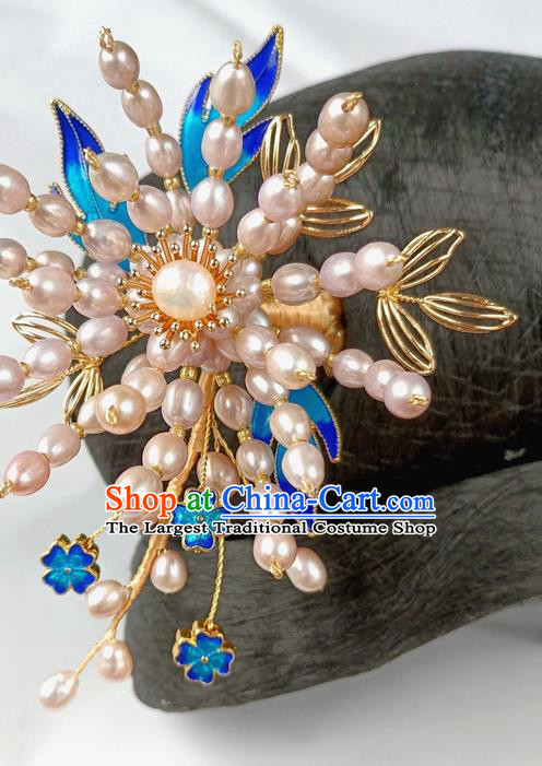 China Ancient Court Lady Pearls Hairpin Traditional Ming Dynasty Cloisonne Hair Stick