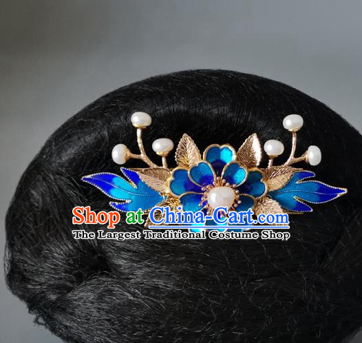 China Ancient Princess Hairpin Traditional Ming Dynasty Blue Peony Hair Crown