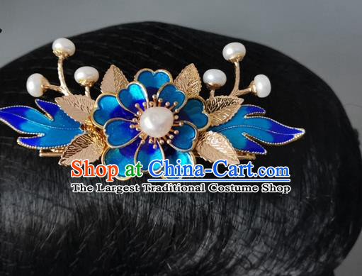 China Ancient Princess Hairpin Traditional Ming Dynasty Blue Peony Hair Crown