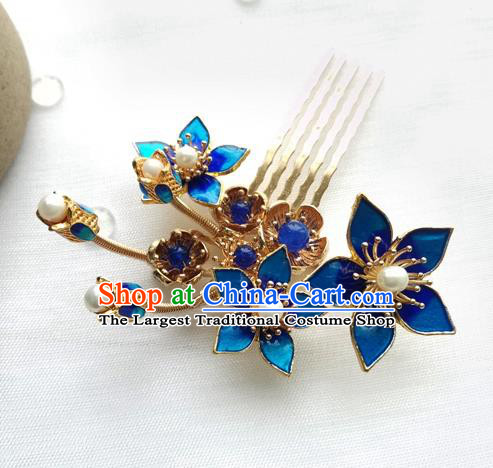 China Ancient Princess Pearls Hairpin Traditional Ming Dynasty Cloisonne Peach Blossom Hair Comb