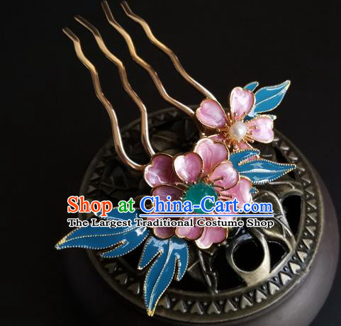 China Ancient Young Lady Hairpin Traditional Ming Dynasty Cloisonne Pink Peony Hair Comb