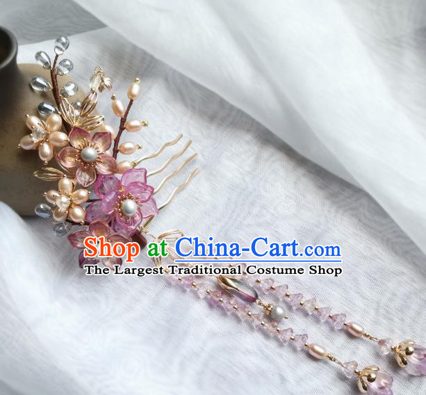 China Ancient Princess Pearls Hairpin Traditional Song Dynasty Purple Sakura Hair Comb