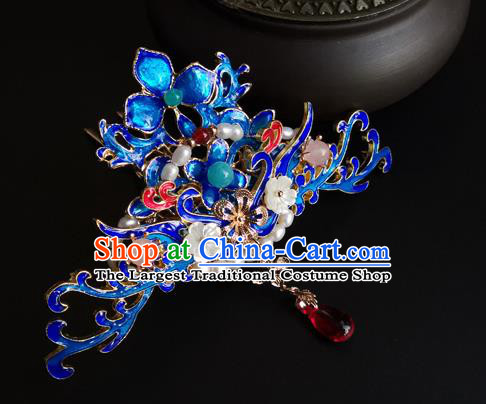 China Ancient Court Woman Tassel Hairpin Traditional Ming Dynasty Blueing Hair Crown