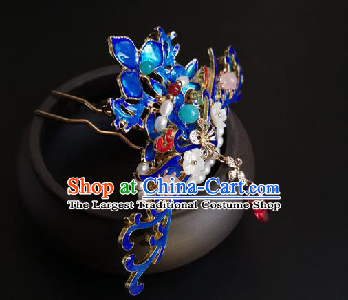 China Ancient Court Woman Tassel Hairpin Traditional Ming Dynasty Blueing Hair Crown