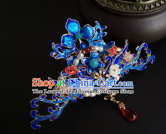 China Ancient Court Woman Tassel Hairpin Traditional Ming Dynasty Blueing Hair Crown