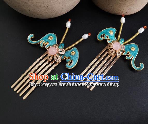 China Ancient Court Maid Hairpin Traditional Ming Dynasty Palace Blue Bat Hair Combs