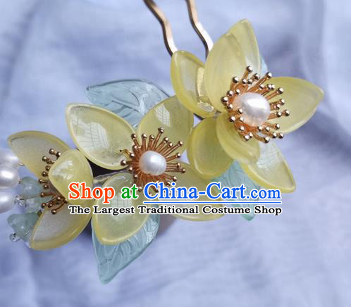 China Ancient Princess Yellow Lotus Hairpin Traditional Song Dynasty Pearls Hair Stick