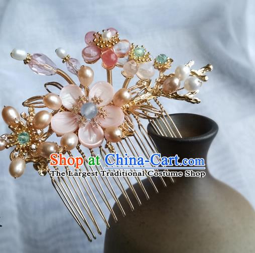 China Ancient Princess Pink Shell Plum Hairpin Traditional Song Dynasty Pearls Hair Comb