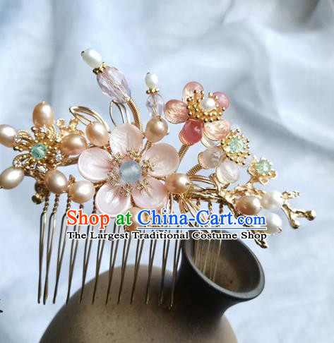 China Ancient Princess Pink Shell Plum Hairpin Traditional Song Dynasty Pearls Hair Comb