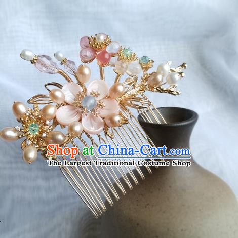 China Ancient Princess Pink Shell Plum Hairpin Traditional Song Dynasty Pearls Hair Comb