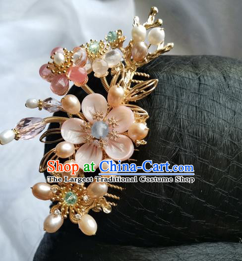China Ancient Princess Pink Shell Plum Hairpin Traditional Song Dynasty Pearls Hair Comb