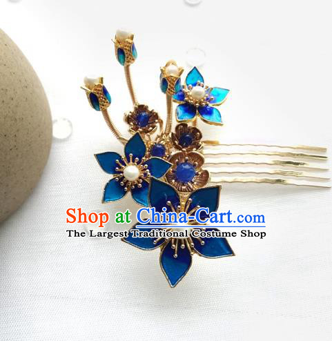 China Ancient Princess Pearls Hairpin Traditional Ming Dynasty Cloisonne Peach Blossom Hair Comb