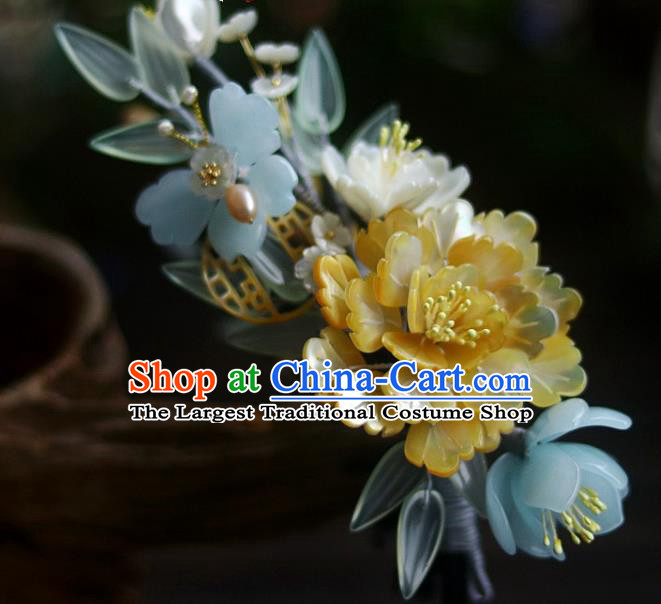 Chinese Ancient Palace Lady Hairpin Traditional Ming Dynasty Court Yellow Shell Peony Hair Stick