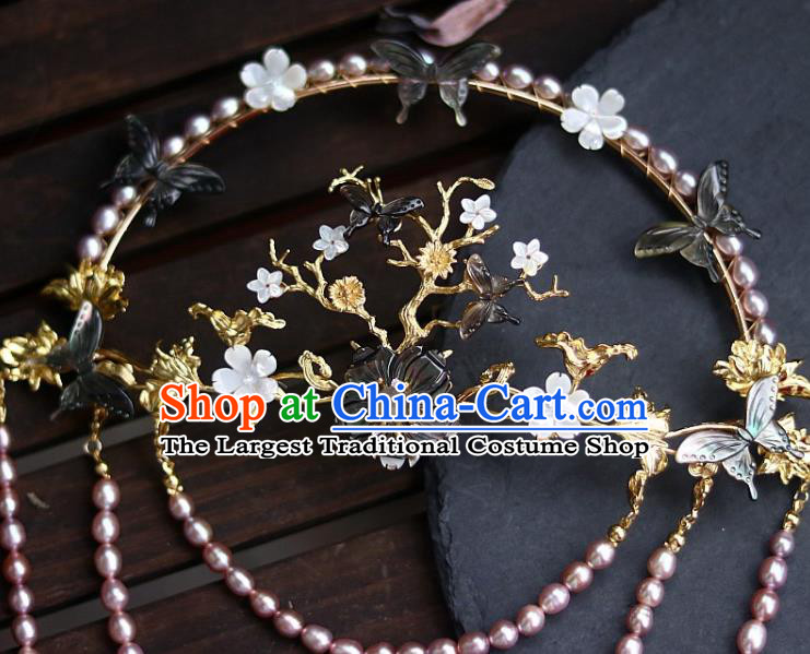Chinese Ancient Empress Back Hairpin Traditional Ming Dynasty Court Woman Pearls Tassel Hair Crown