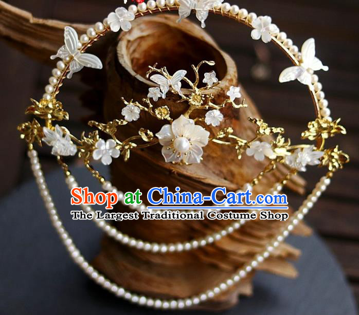 Chinese Ancient Empress Back Hairpin Traditional Ming Dynasty Court Woman Pearls Tassel Hair Crown