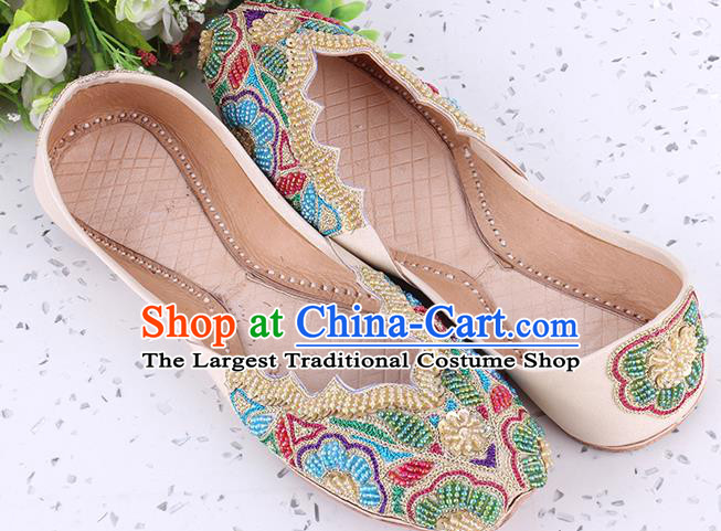 Indian Traditional Court Leather Shoes Asian Folk Dance Shoes Handmade Embroidery Beads Apricot Shoes