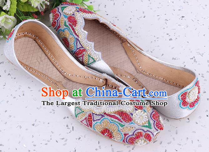 Asian Folk Dance Shoes Indian Handmade Embroidery Beads Argent Shoes Traditional Court Leather Shoes