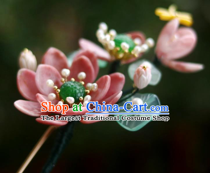 Chinese Ancient Princess Red Lotus Hairpin Traditional Song Dynasty Jade Pearls Hair Stick