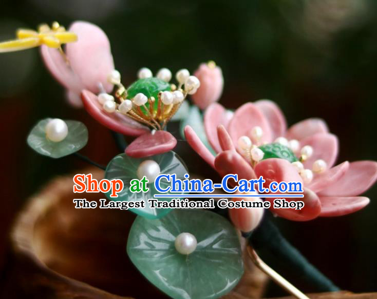 Chinese Ancient Princess Red Lotus Hairpin Traditional Song Dynasty Jade Pearls Hair Stick