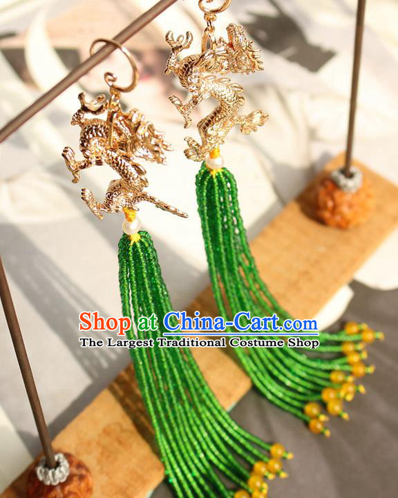 China Classical Cheongsam Golden Dragon Ear Jewelry Handmade National Green Beads Tassel Earrings