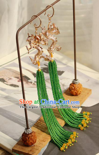 China Classical Cheongsam Golden Dragon Ear Jewelry Handmade National Green Beads Tassel Earrings