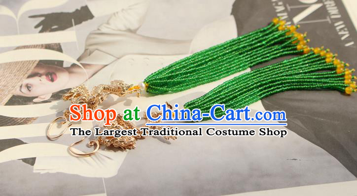 China Classical Cheongsam Golden Dragon Ear Jewelry Handmade National Green Beads Tassel Earrings