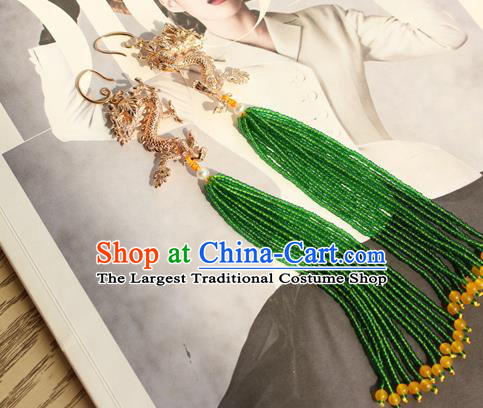 China Classical Cheongsam Golden Dragon Ear Jewelry Handmade National Green Beads Tassel Earrings