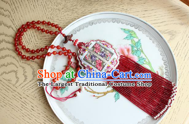 China Handmade Embroidered Lotus Sachet Necklet Accessories Traditional Cheongsam Red Beads Tassel Necklace