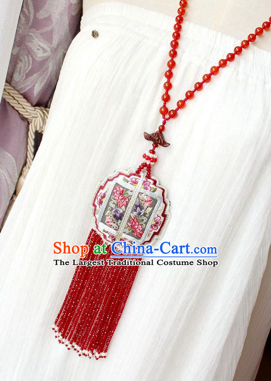 China Handmade Embroidered Lotus Sachet Necklet Accessories Traditional Cheongsam Red Beads Tassel Necklace